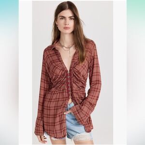 Free People Catalina Remade Plaid Y2K Bell Sleeve Shirt in Red Combo, Size Small